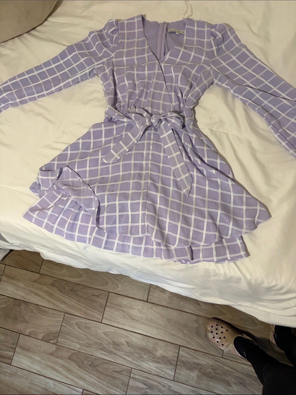 Lilac Windowpane Wrap Mini Dress with Waist Tie
